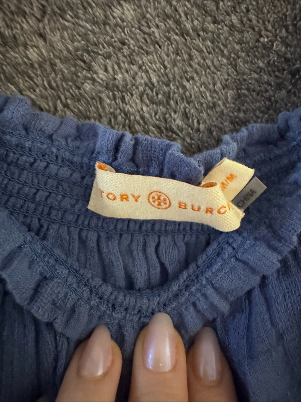 Tory Burch Blue Off-Shoulder Embroidered Long-Sleeve Dress